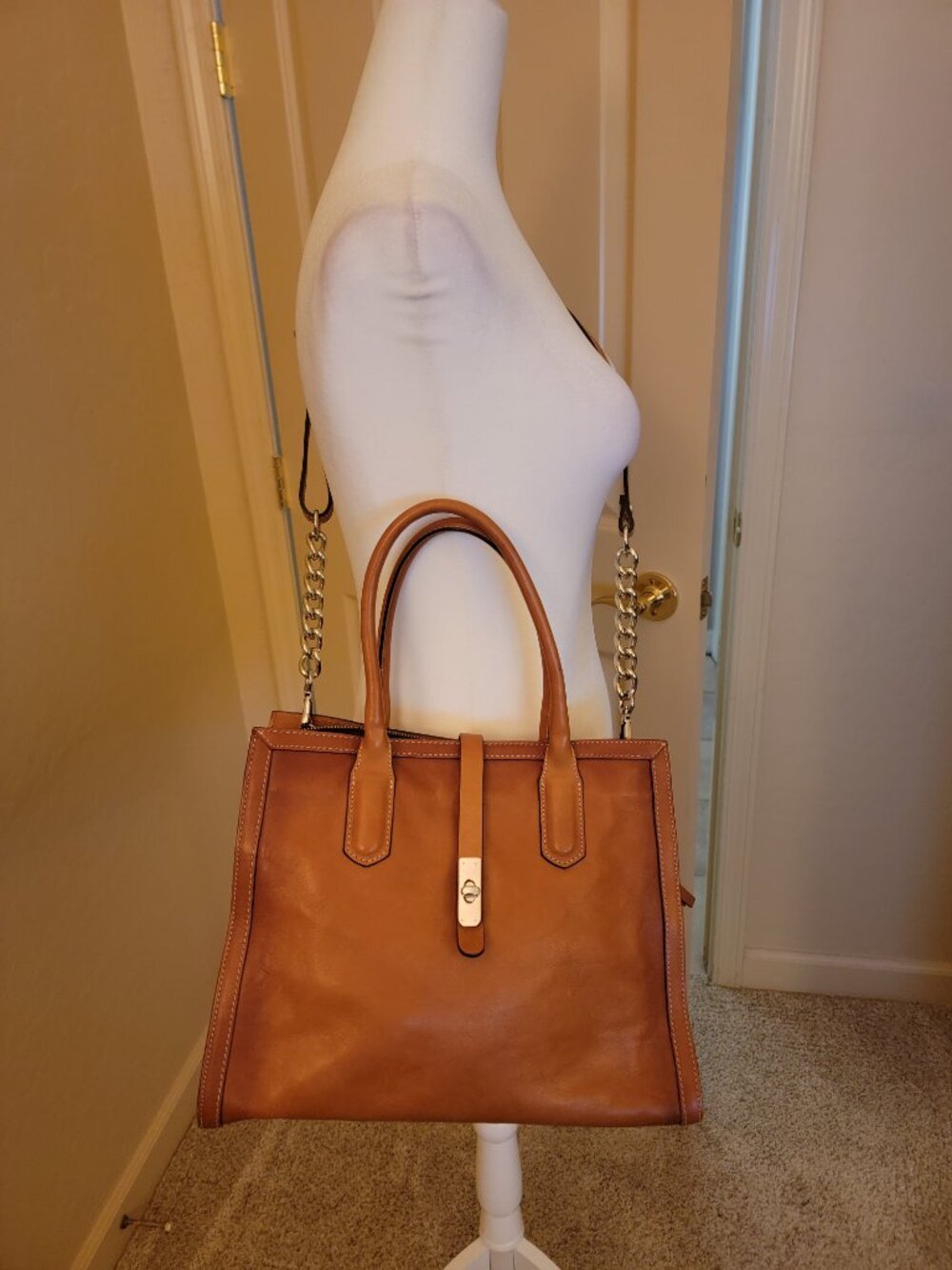 Cavalcanti Cognac Leather Tote Handbag Silver Chain Strap, Made in Italy